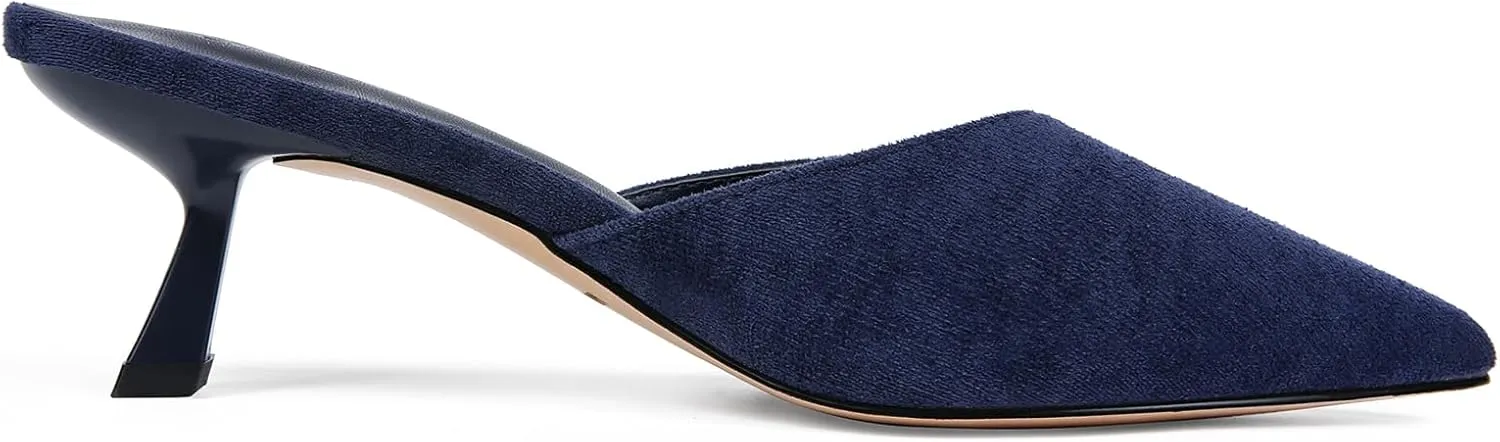 Fericzot Women Mesh Kitten Heel Mules-Slip on Backless Slides Pointed Closed Toe Low Stiletto Heels Wedding Party Daily Dress Shoes