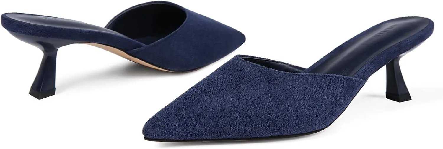 Fericzot Women Mesh Kitten Heel Mules-Slip on Backless Slides Pointed Closed Toe Low Stiletto Heels Wedding Party Daily Dress Shoes