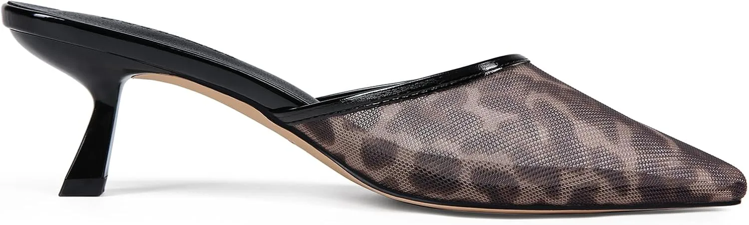 Fericzot Women Mesh Kitten Heel Mules-Slip on Backless Slides Pointed Closed Toe Low Stiletto Heels Wedding Party Daily Dress Shoes