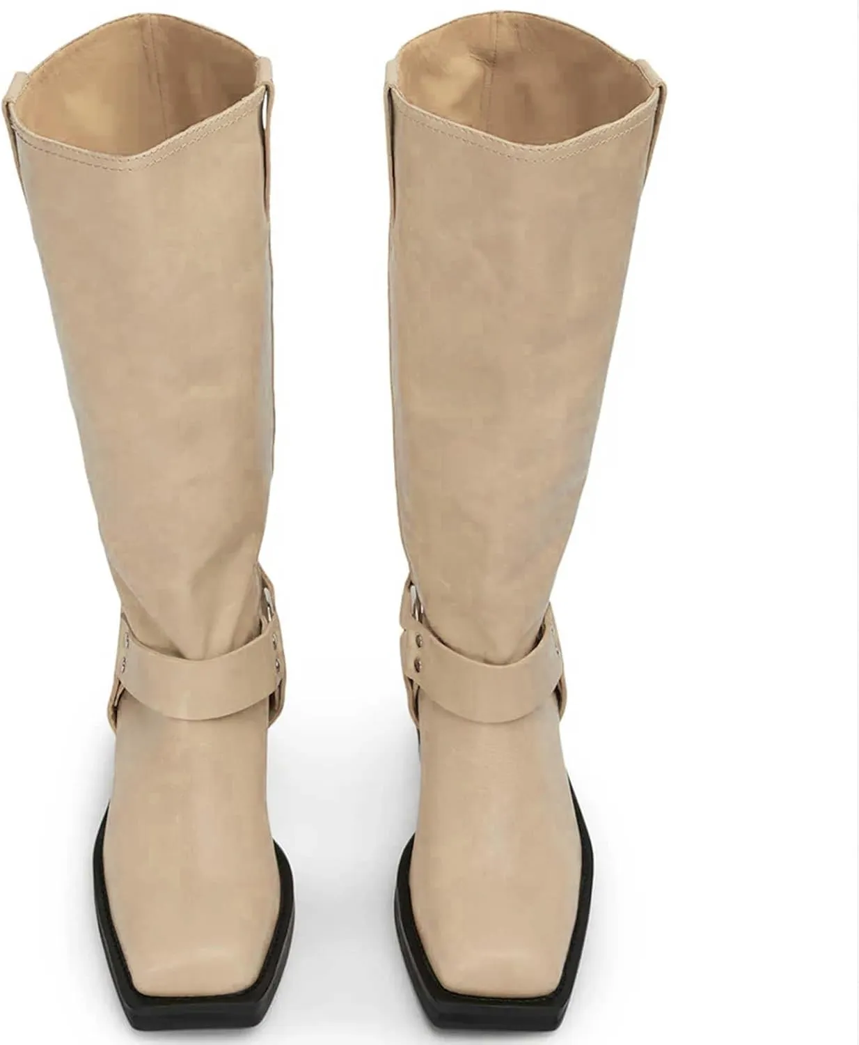FIFSY Women's Knee High Boots Slip On Riding Boots Buckle Boots for Women Sexy Squared Toe Low Chunky High Heel Tall Motorcycle Boots Women's Low Heel 1-2" Boots Dance Party Booties