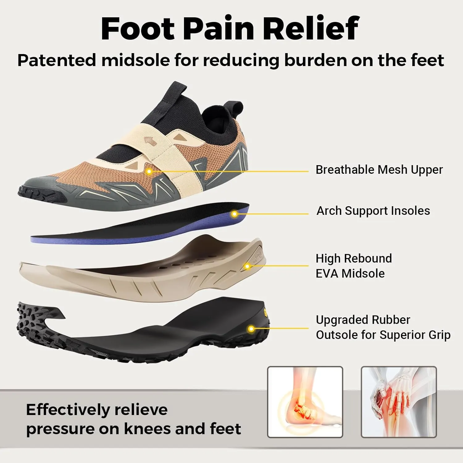 FitVille Men's Extra Wide Slip On Shoes Comfortable Orthopedic Hiking Sneakers with Arch Support Slip Resistant Trekking Walking Shoes for Travel Camping