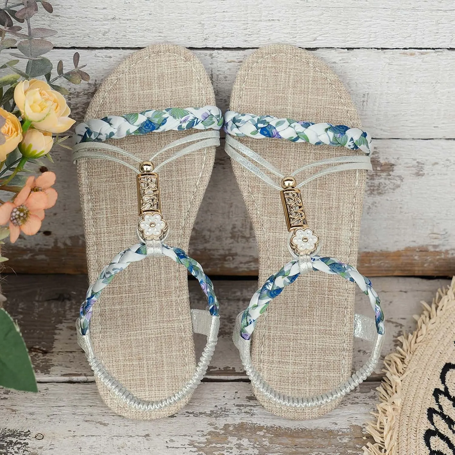Flat Sandals For Women,Rhinestone Bohemian Braided Flat Sandals Comfortable Walking Casual Beach Ankle Elastic Summer Shoes