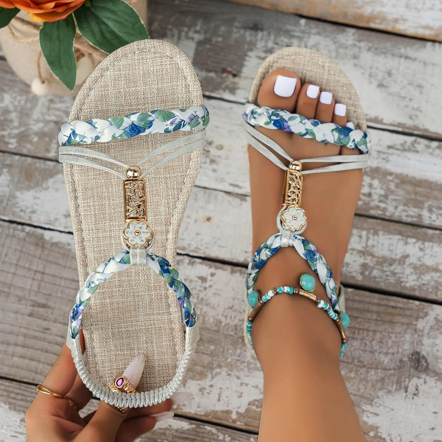 Flat Sandals For Women,Rhinestone Bohemian Braided Flat Sandals Comfortable Walking Casual Beach Ankle Elastic Summer Shoes
