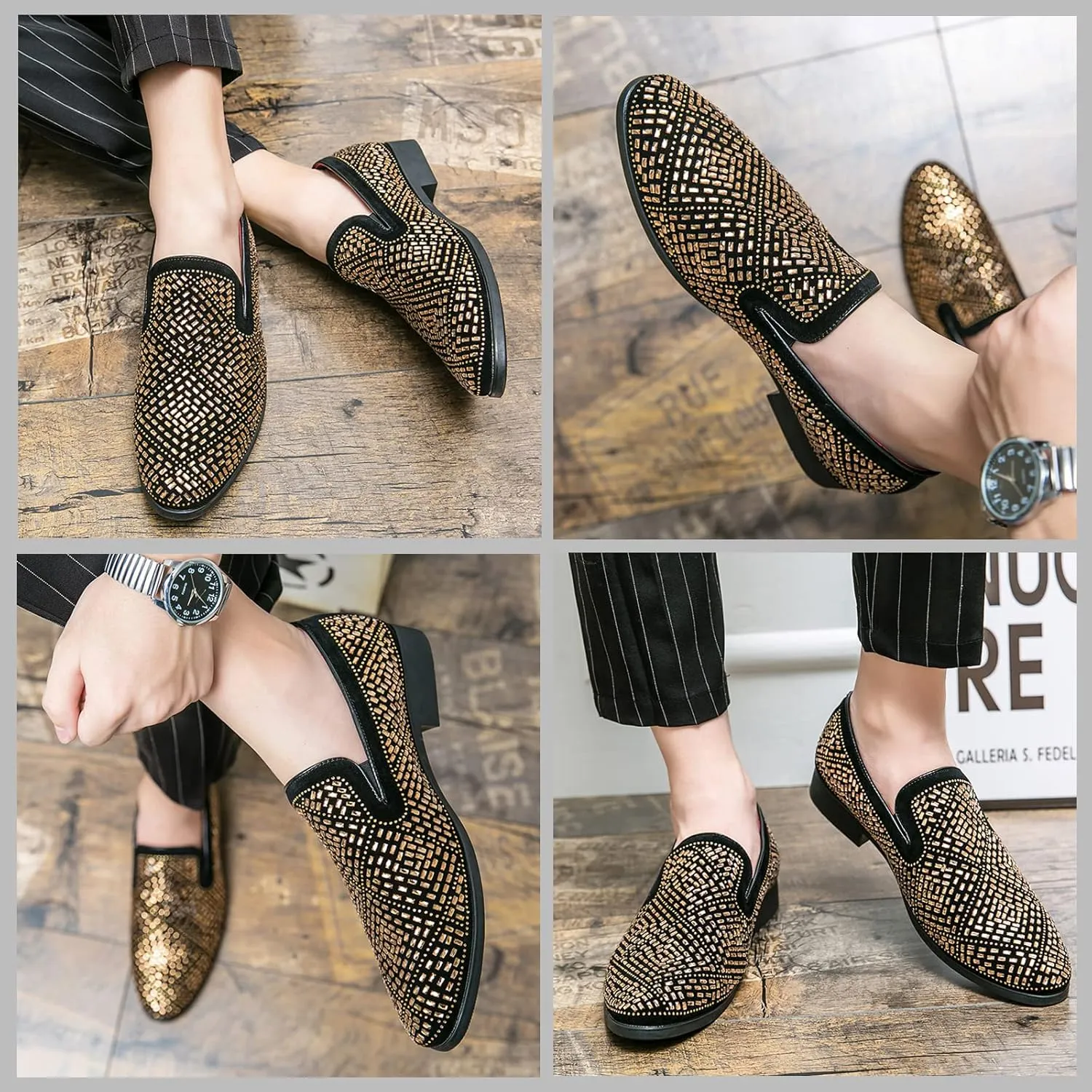 FLIOZY Mens Smoking Slipper Fashion Wedding Prom Shoes Party Dress Loafer Casual Studded Slip-on Loafer