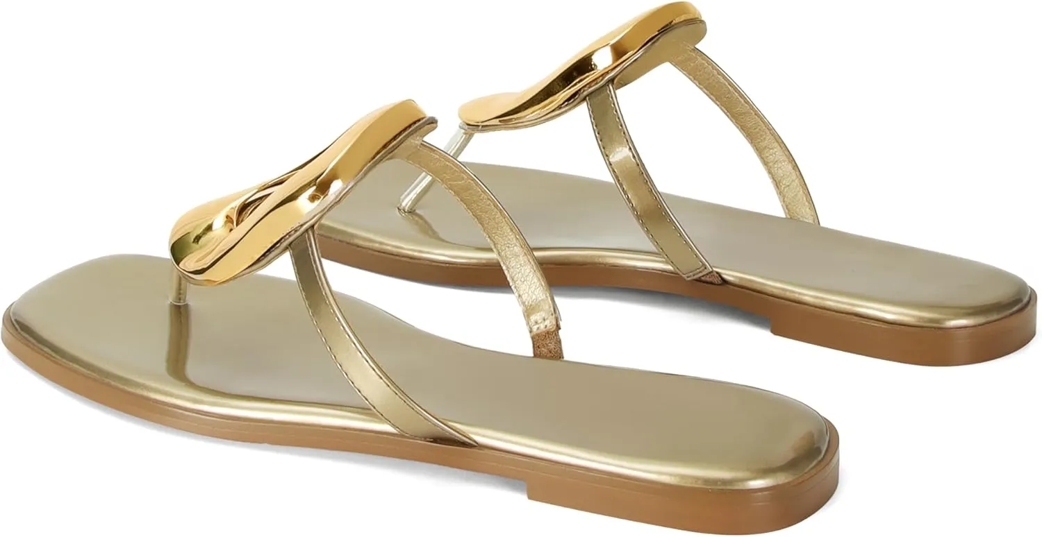 Flip-Flops for Women Thong Sandals Flat Black Slip on Slides Leather Beach Comfort Open Square Toe Ladies Slipper Dressy Metal Hardware Decoration Summer Shoes Casual Fashion