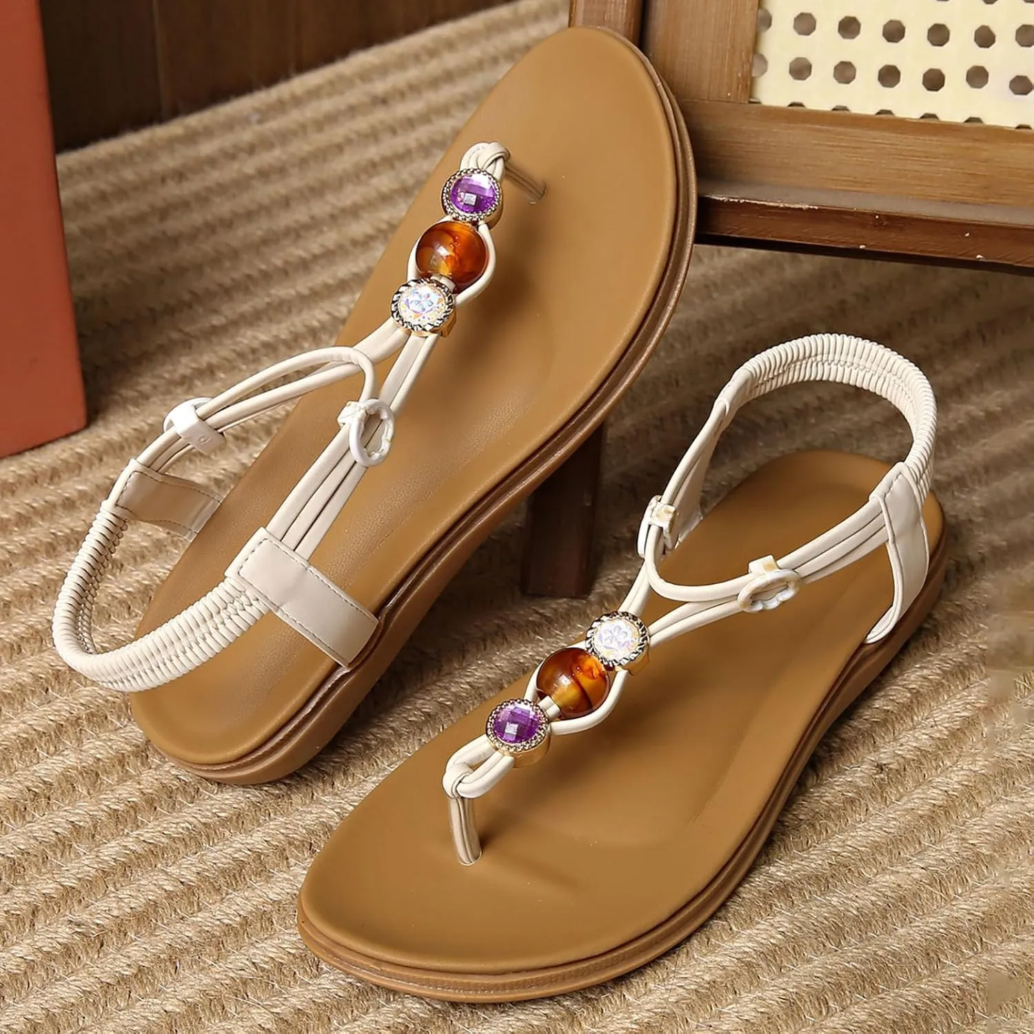 Flip Flops Sandals for Women Dressy Summer Flat Sandals Rhinestone Beaded Sandal Elastic Ankle Strap Beach Shoes