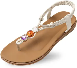 Flip Flops Sandals for Women Dressy Summer Flat Sandals Rhinestone Beaded Sandal Elastic Ankle Strap Beach Shoes