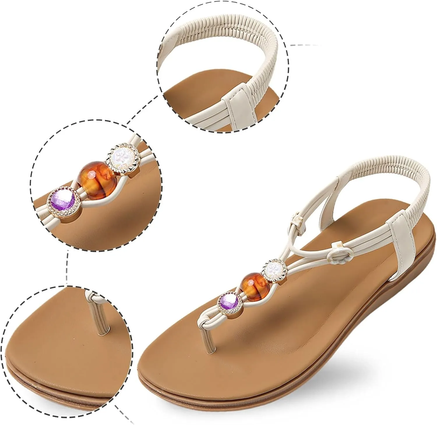 Flip Flops Sandals for Women Dressy Summer Flat Sandals Rhinestone Beaded Sandal Elastic Ankle Strap Beach Shoes