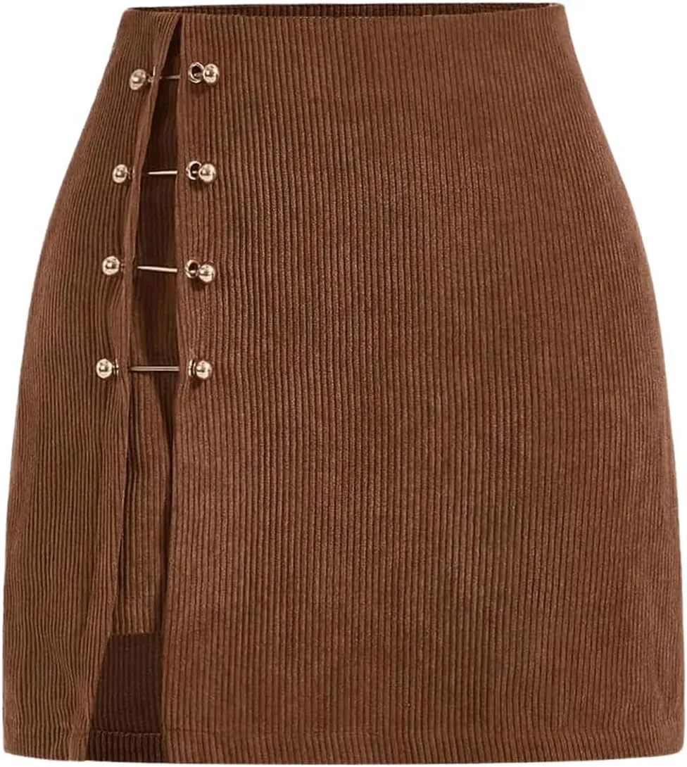 Floerns Women's Solid Split Hem Grommet Eyelet Skirt A Line Mini Skirt