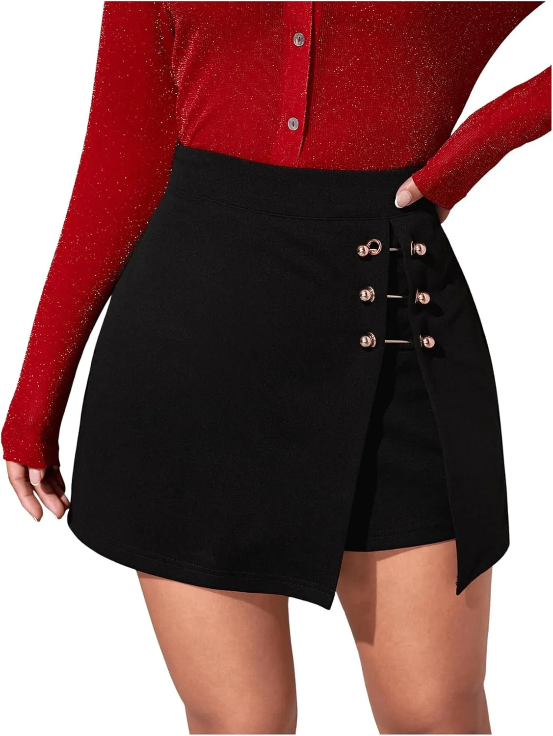 Floerns Women's Solid Split Hem Grommet Eyelet Skirt A Line Mini Skirt