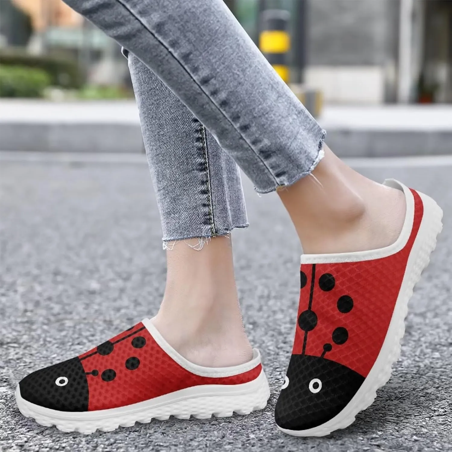 Forchrinse Womens Ladybug Mules Slip On Backless Walking Shoes Mesh Clog Shoes Breathable Slipper for Home Work Gym