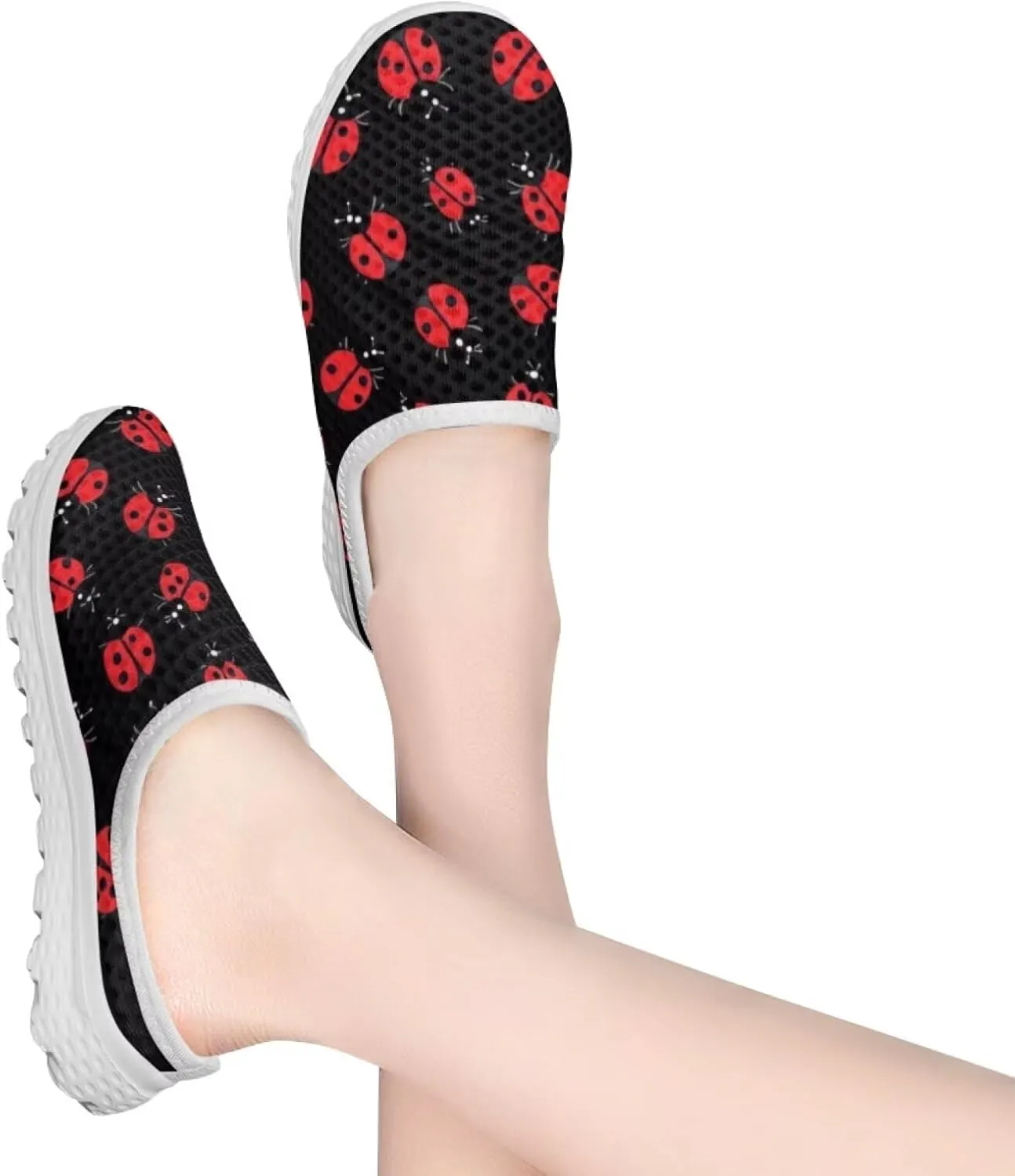 Forchrinse Womens Ladybug Mules Slip On Backless Walking Shoes Mesh Clog Shoes Breathable Slipper for Home Work Gym