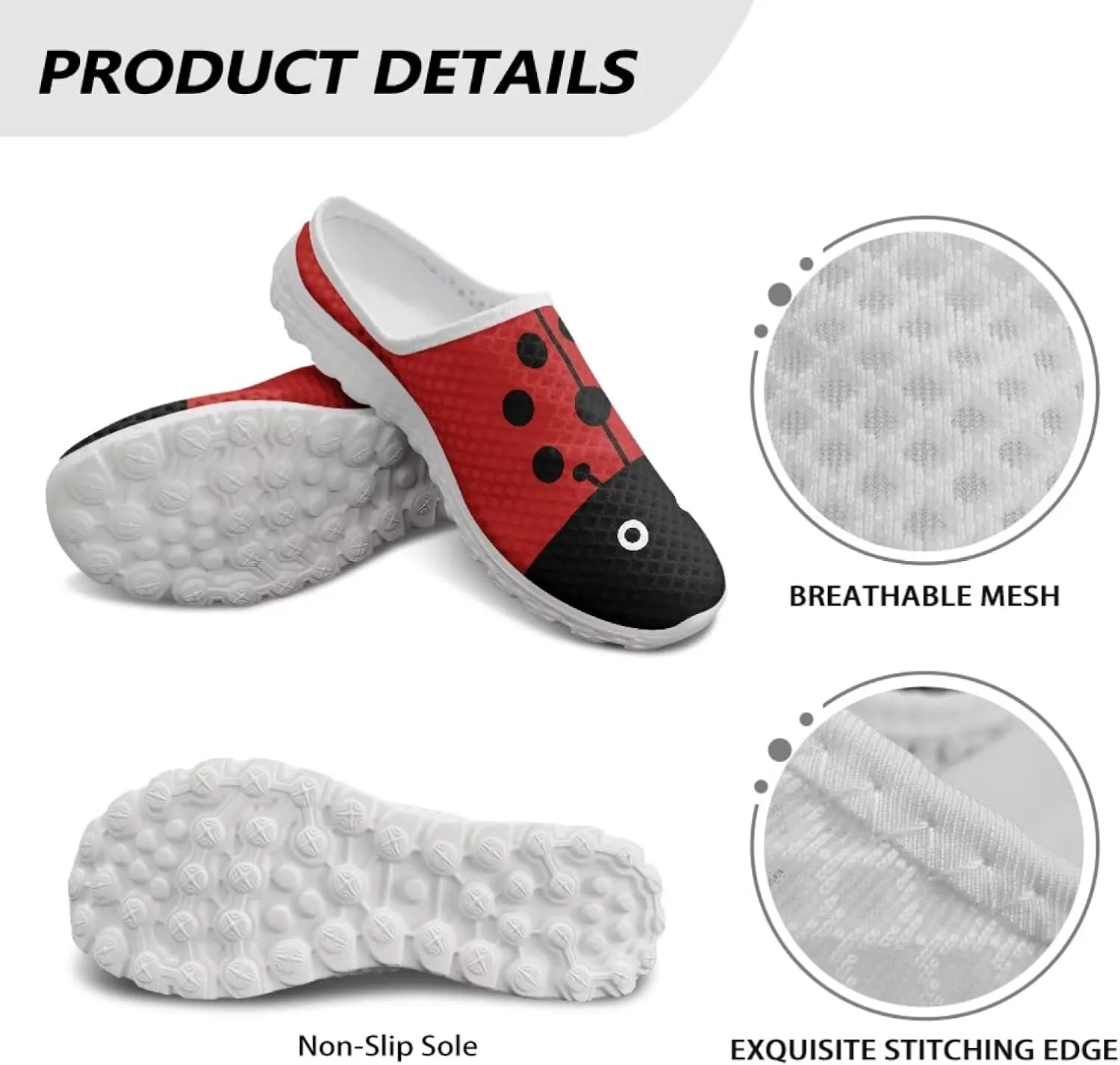 Forchrinse Womens Ladybug Mules Slip On Backless Walking Shoes Mesh Clog Shoes Breathable Slipper for Home Work Gym