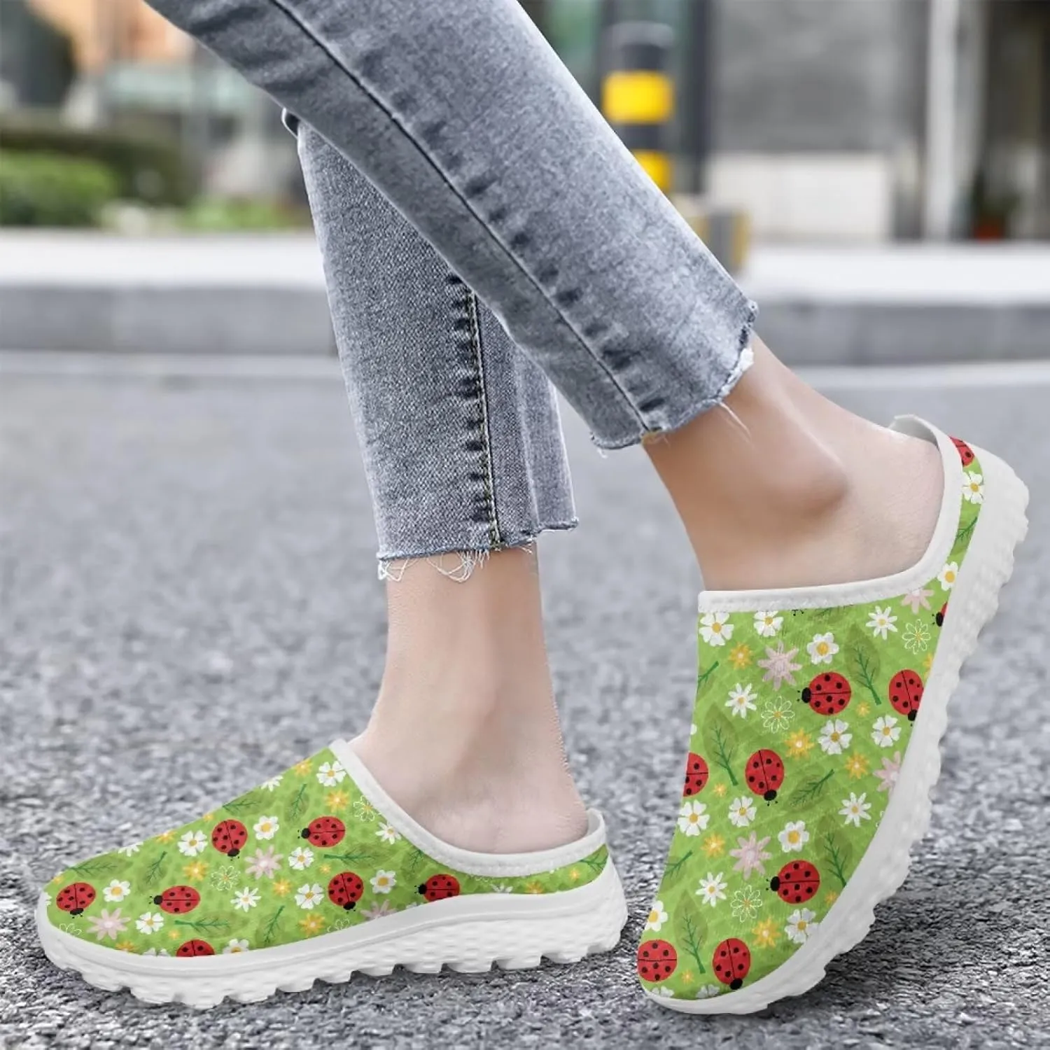 Forchrinse Womens Ladybug Mules Slip On Backless Walking Shoes Mesh Clog Shoes Breathable Slipper for Home Work Gym