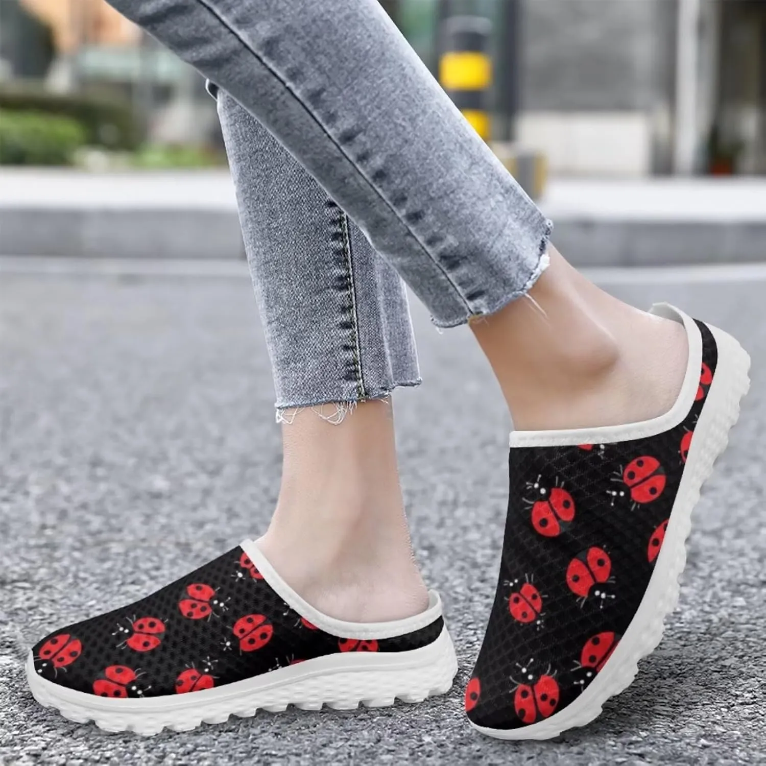 Forchrinse Womens Ladybug Mules Slip On Backless Walking Shoes Mesh Clog Shoes Breathable Slipper for Home Work Gym