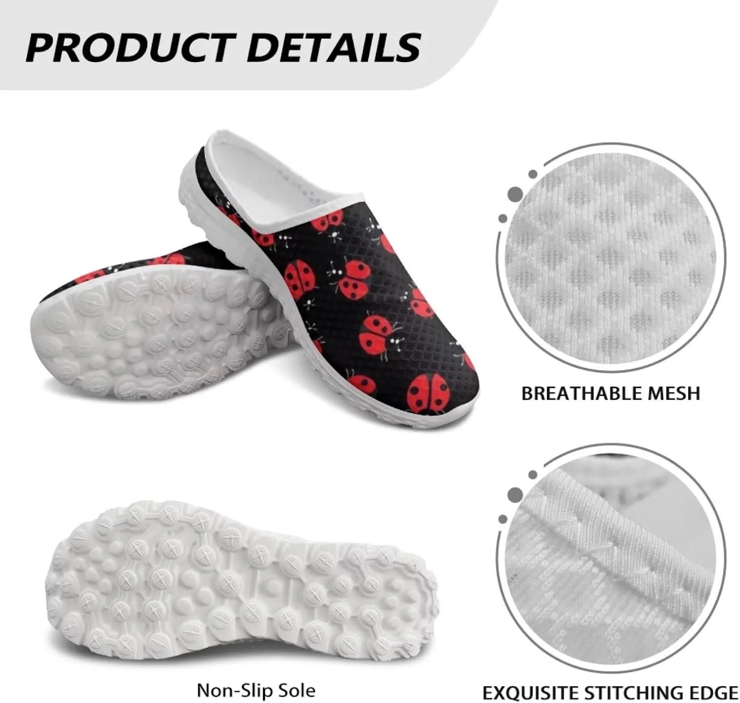 Forchrinse Womens Ladybug Mules Slip On Backless Walking Shoes Mesh Clog Shoes Breathable Slipper for Home Work Gym