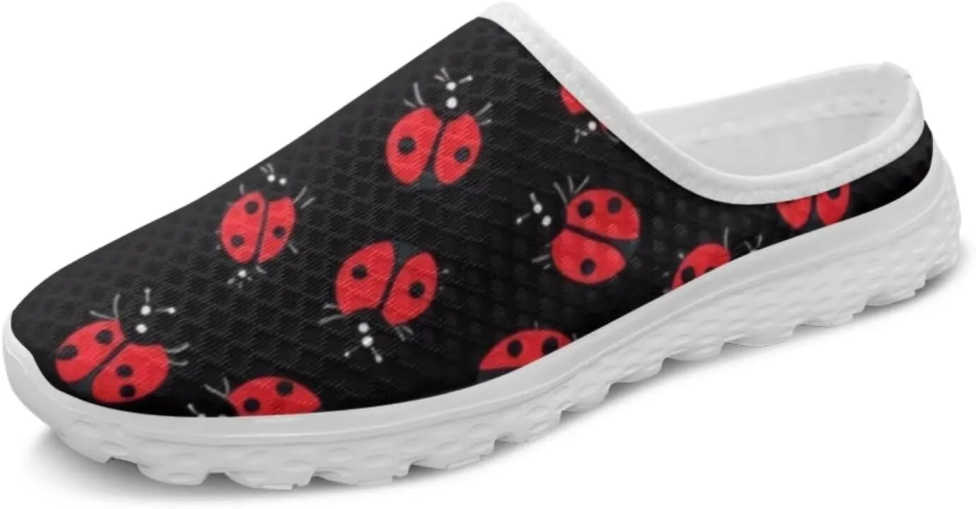 Forchrinse Womens Ladybug Mules Slip On Backless Walking Shoes Mesh Clog Shoes Breathable Slipper for Home Work Gym