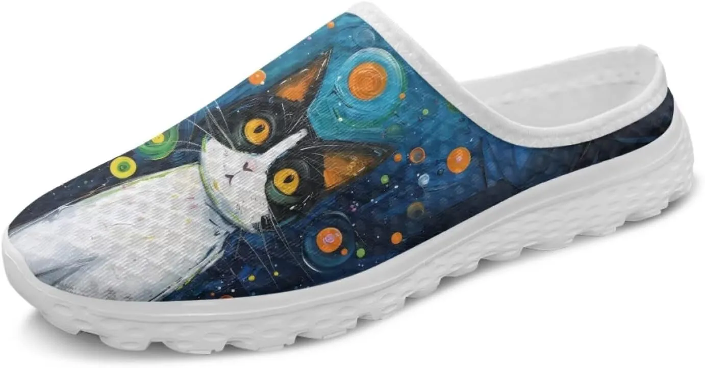 Forchrinse Women's Mules & Clogs Cat Print Mesh Walking Shoes Comfortable Slip on Nurse Work Slippers