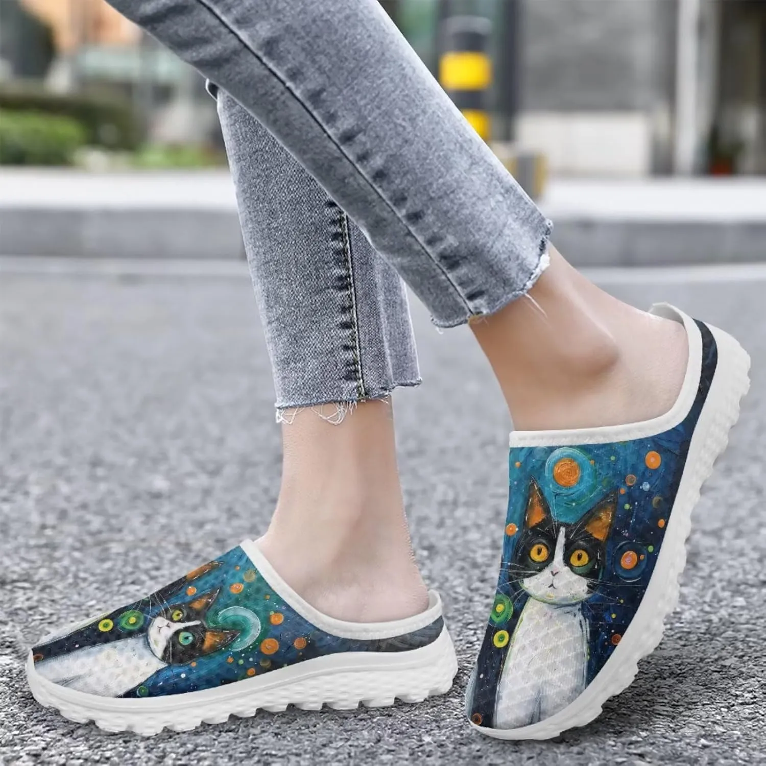 Forchrinse Women's Mules & Clogs Cat Print Mesh Walking Shoes Comfortable Slip on Nurse Work Slippers