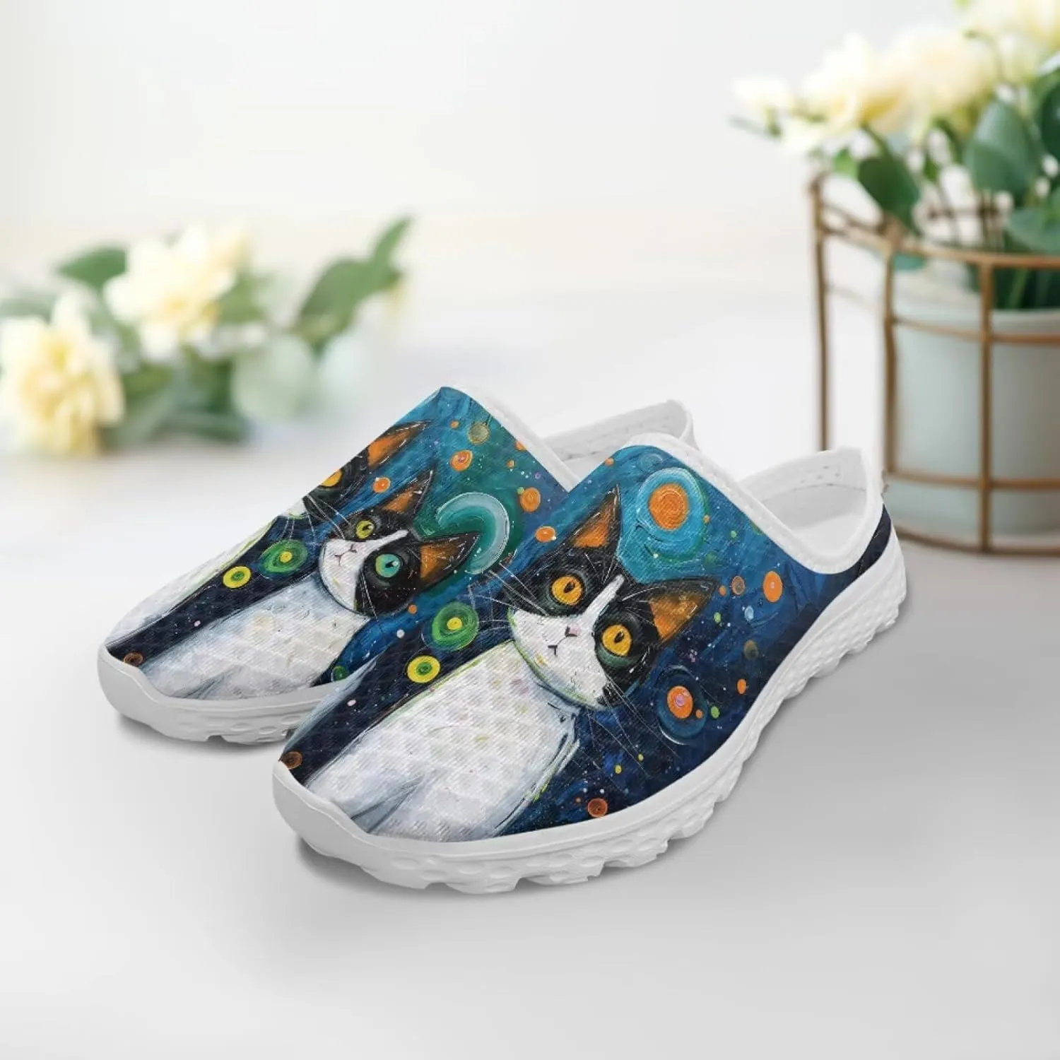 Forchrinse Women's Mules & Clogs Cat Print Mesh Walking Shoes Comfortable Slip on Nurse Work Slippers