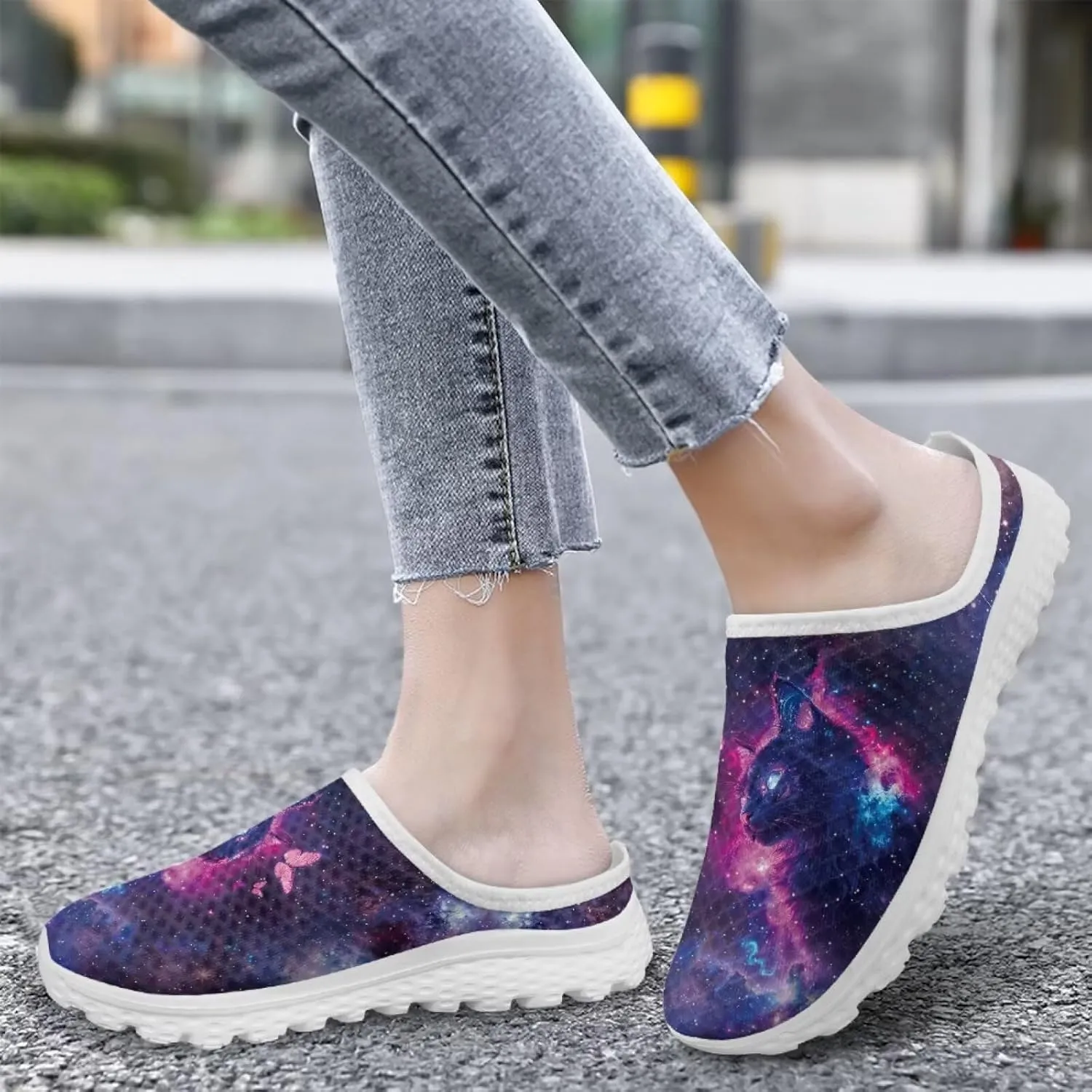 Forchrinse Women's Mules & Clogs Cat Print Mesh Walking Shoes Comfortable Slip on Nurse Work Slippers