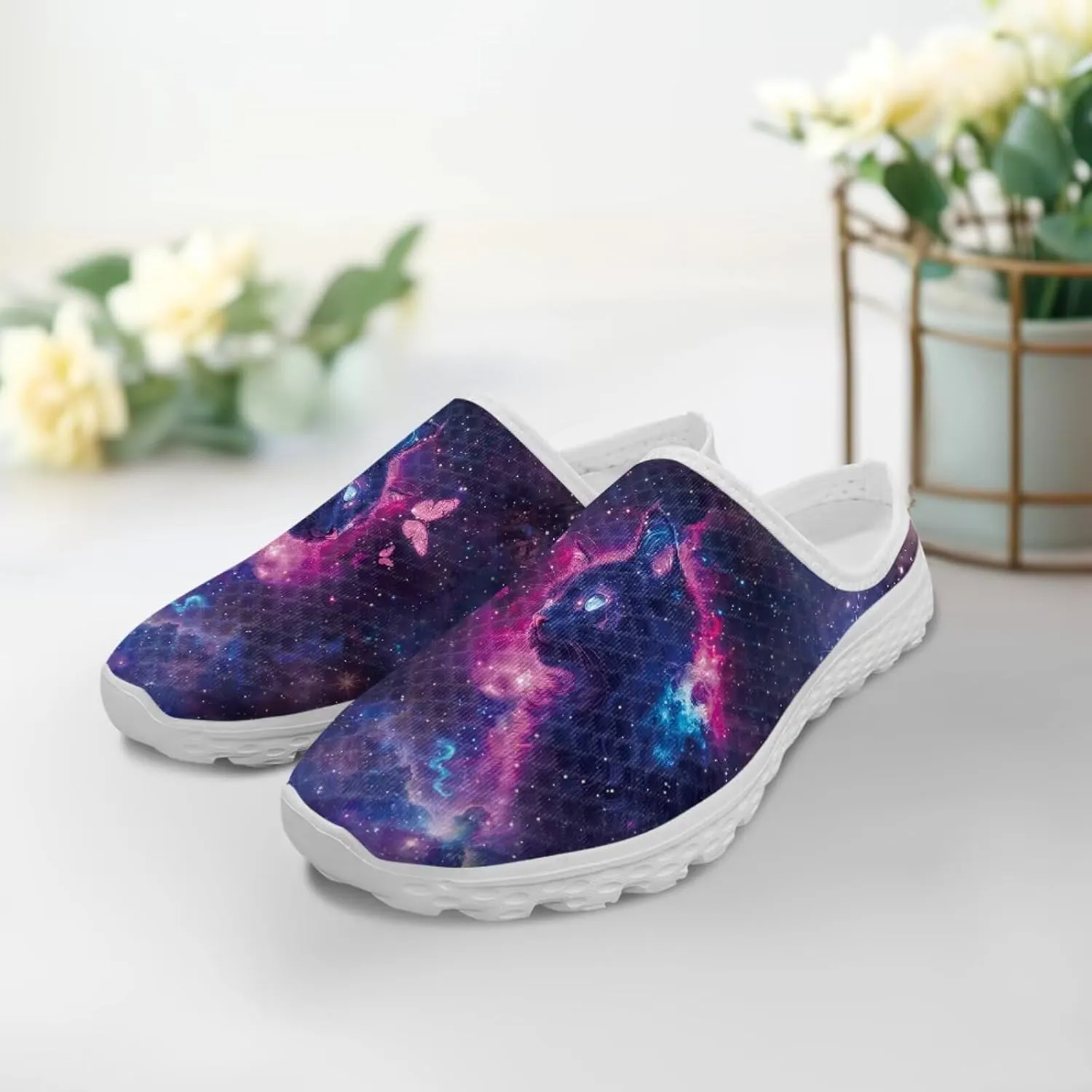 Forchrinse Women's Mules & Clogs Cat Print Mesh Walking Shoes Comfortable Slip on Nurse Work Slippers