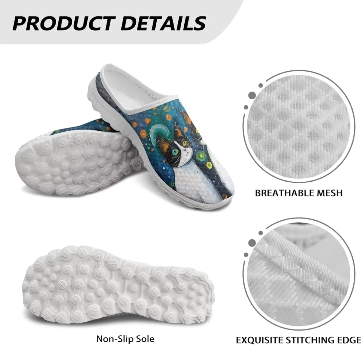 Forchrinse Women's Mules & Clogs Cat Print Mesh Walking Shoes Comfortable Slip on Nurse Work Slippers