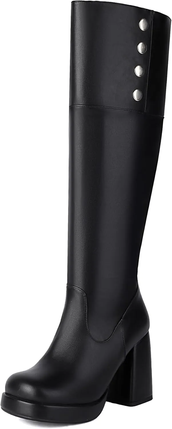 ForeMode Women's Goth Leather Block Heel Ankle Boots Fashion Studded Ankle Strap Trim Punk Boots