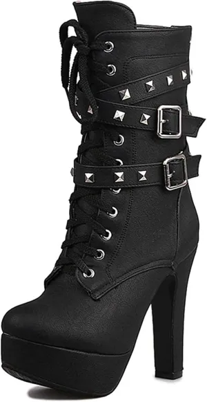 ForeMode Women's Goth Leather Block Heel Ankle Boots Fashion Studded Ankle Strap Trim Punk Boots