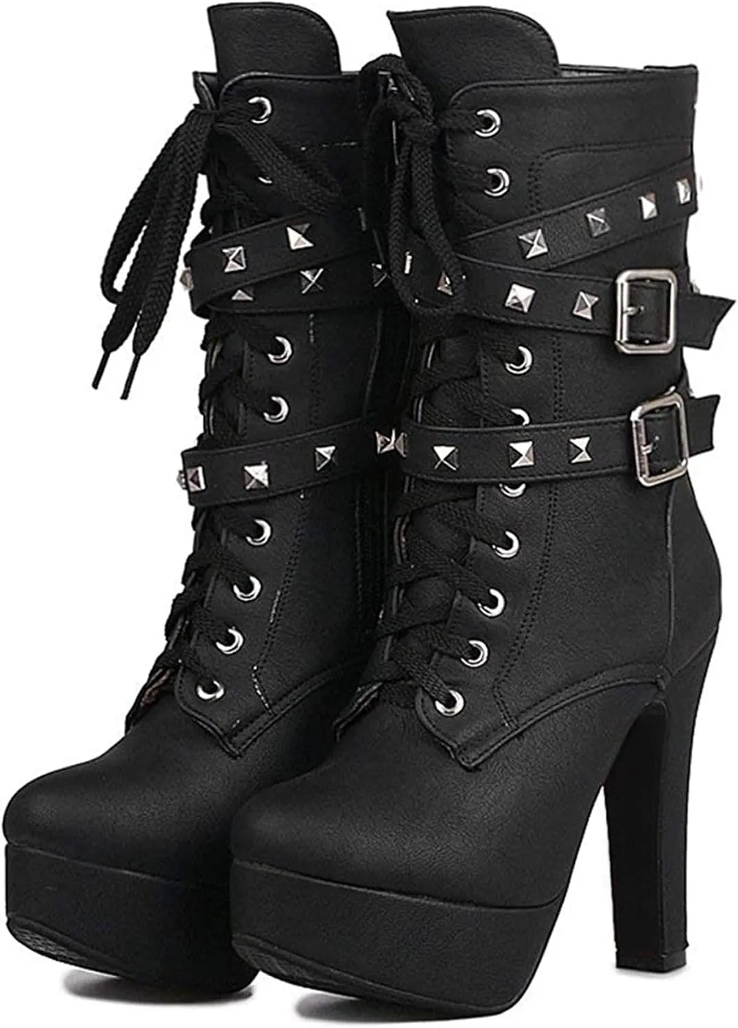 ForeMode Women's Goth Leather Block Heel Ankle Boots Fashion Studded Ankle Strap Trim Punk Boots