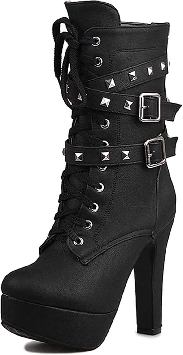 ForeMode Women's Goth Leather Block Heel Ankle Boots Fashion Studded Ankle Strap Trim Punk Boots