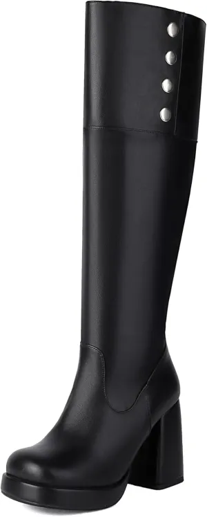 ForeMode Women's Goth Leather Block Heel Ankle Boots Fashion Studded Ankle Strap Trim Punk Boots