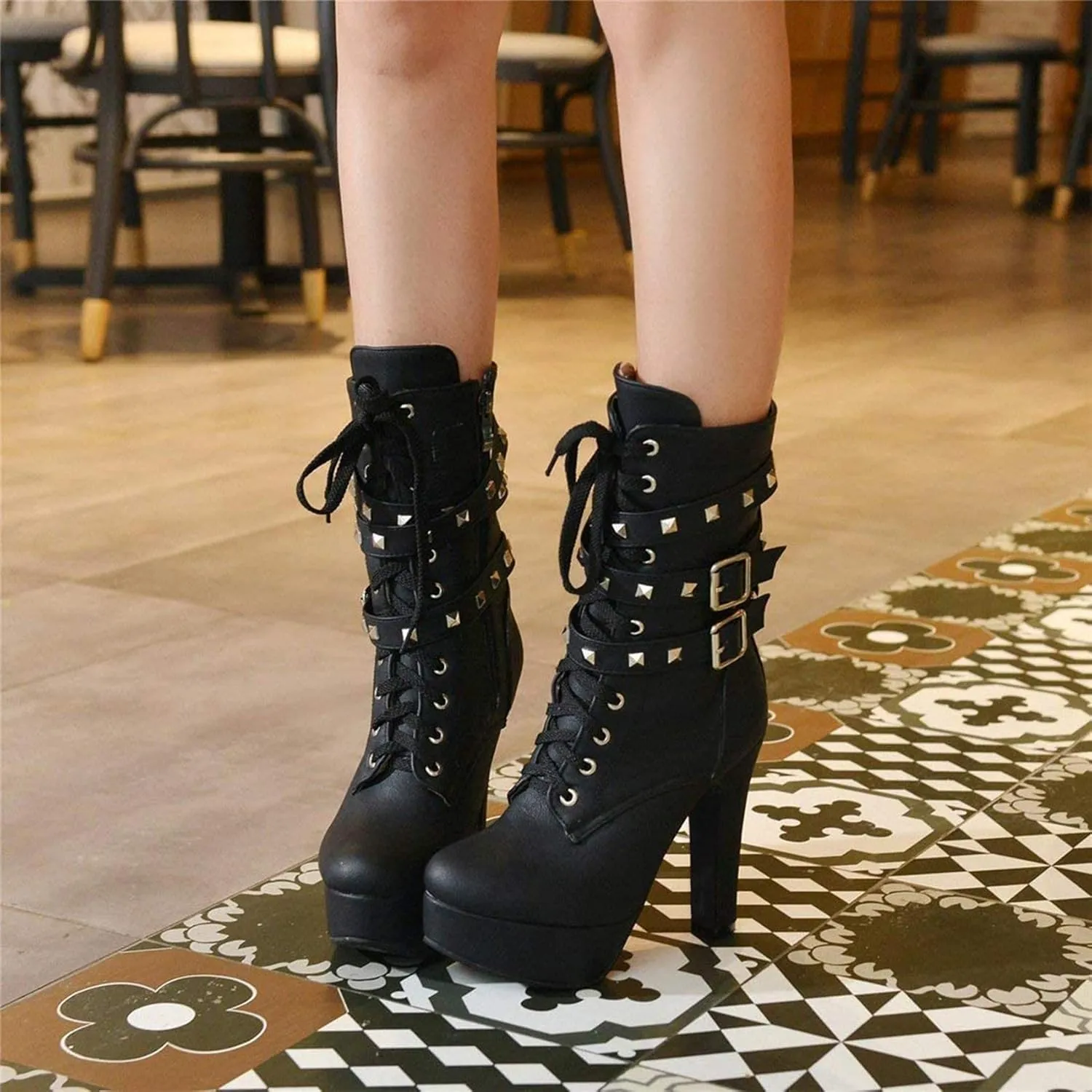 ForeMode Women's Goth Leather Block Heel Ankle Boots Fashion Studded Ankle Strap Trim Punk Boots