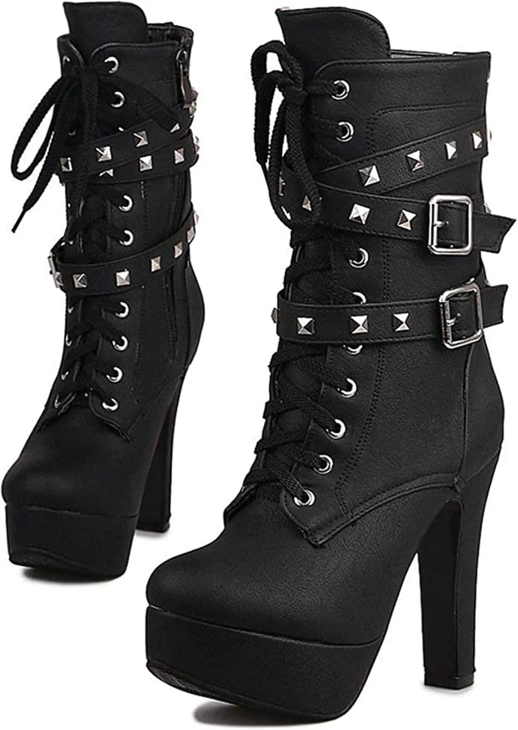 ForeMode Women's Goth Leather Block Heel Ankle Boots Fashion Studded Ankle Strap Trim Punk Boots