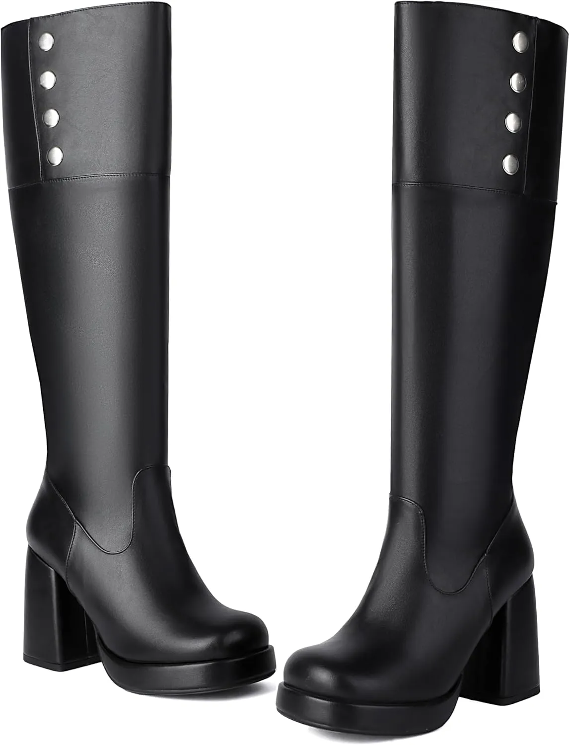 ForeMode Women's Goth Leather Block Heel Ankle Boots Fashion Studded Ankle Strap Trim Punk Boots