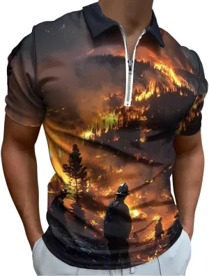 Forest Firefighters Landscape Short Sleeve Polo Shirt Slim Fit Tops Casual Workout Golf T Shirt Zippered Tees for Men