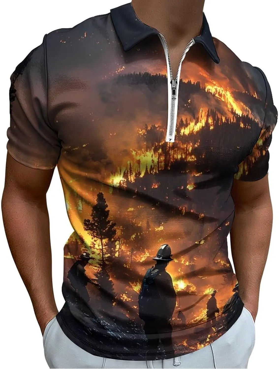 Forest Firefighters Landscape Short Sleeve Polo Shirt Slim Fit Tops Casual Workout Golf T Shirt Zippered Tees for Men