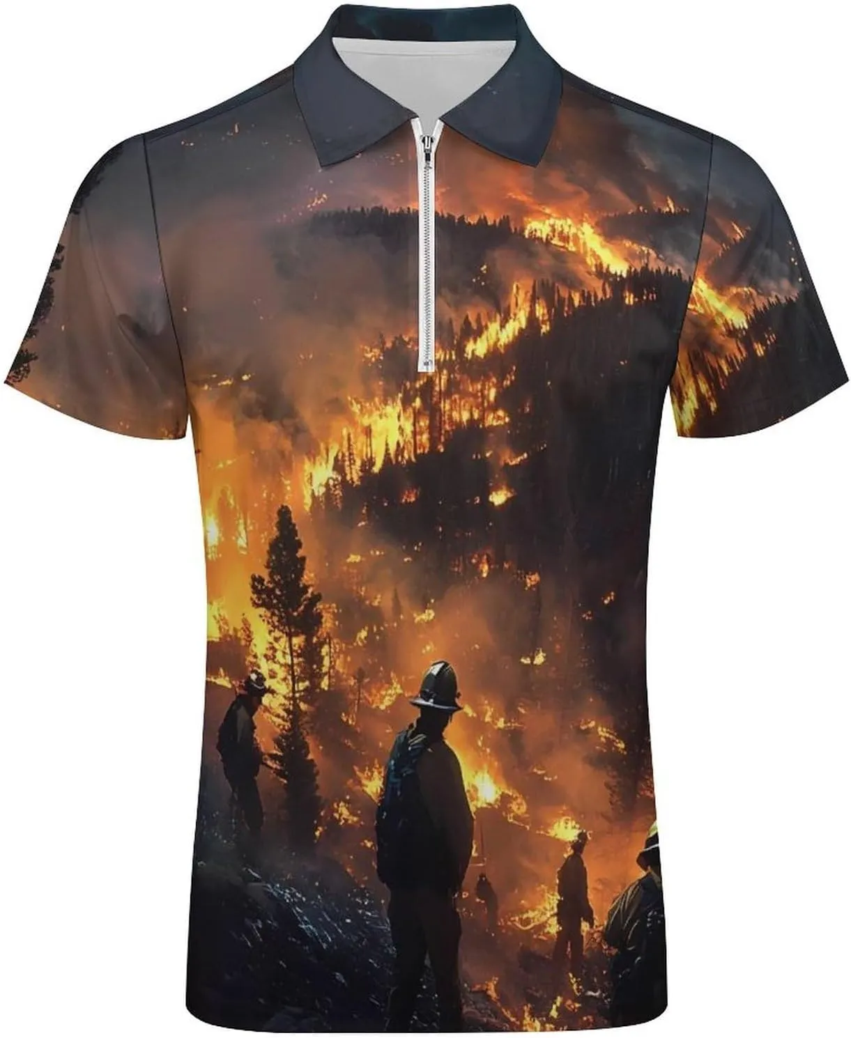 Forest Firefighters Landscape Short Sleeve Polo Shirt Slim Fit Tops Casual Workout Golf T Shirt Zippered Tees for Men