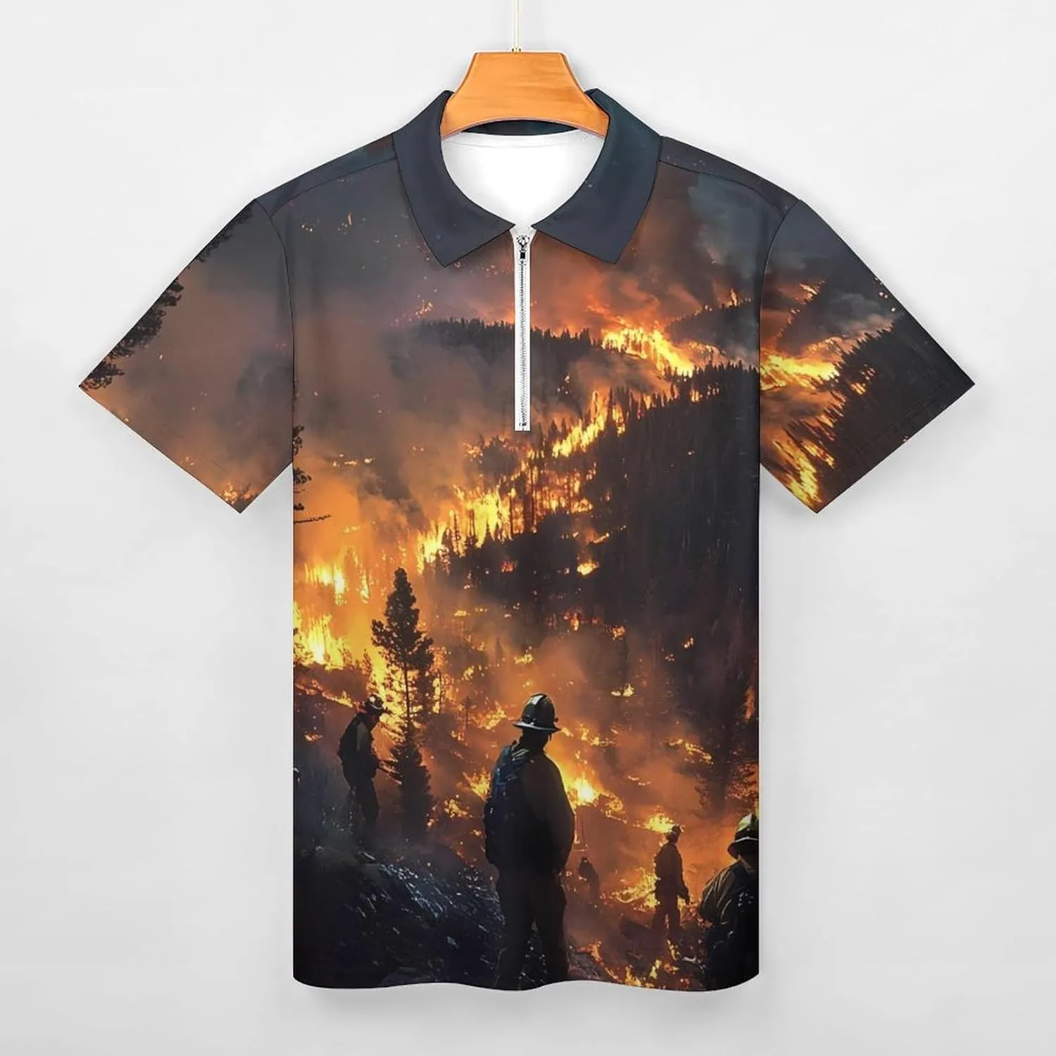 Forest Firefighters Landscape Short Sleeve Polo Shirt Slim Fit Tops Casual Workout Golf T Shirt Zippered Tees for Men