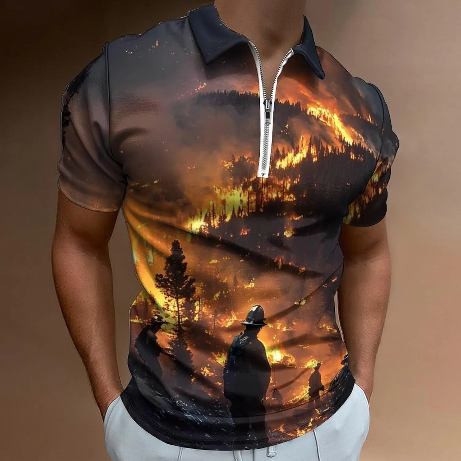 Forest Firefighters Landscape Short Sleeve Polo Shirt Slim Fit Tops Casual Workout Golf T Shirt Zippered Tees for Men