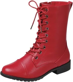 Forever Link Womens Round Toe Military Lace up Knit Ankle Cuff Low Heel Combat Boots