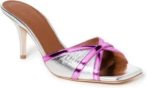 FOWT Fashion Metallic Croc-Embossed Mules Classic Square Toe Two Tone Cross Narrow Band Kitten Heeled Sandals Adorable Silver Pumps for Women Casual Leisure Shoes, US Size 4-16 M