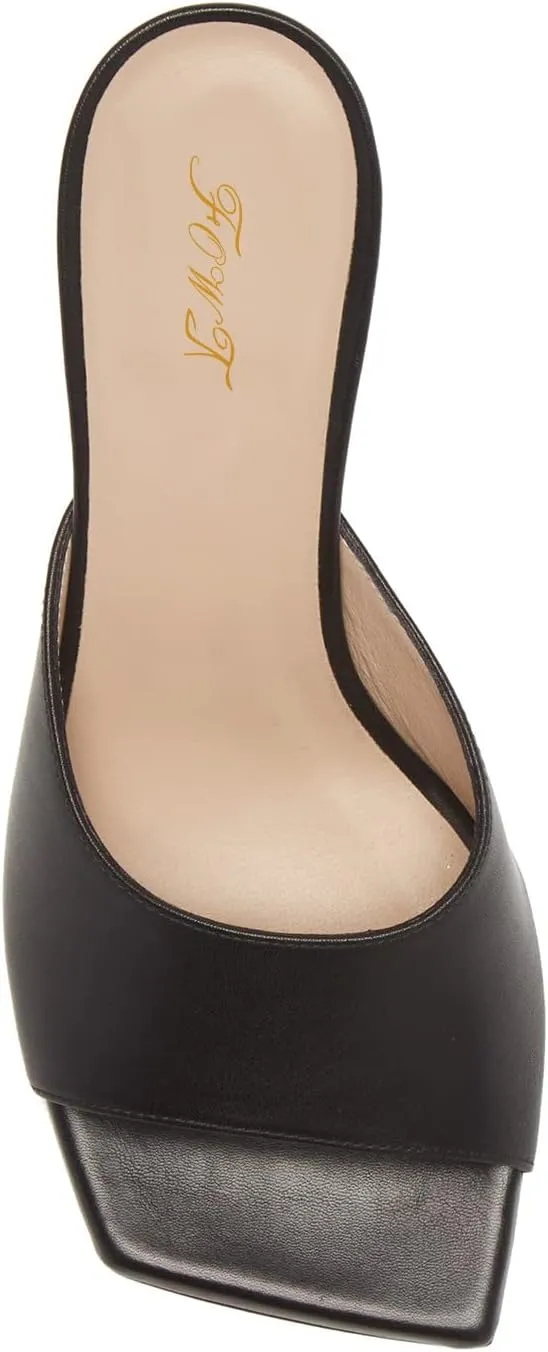 FOWT Summer Classic Square Open Toe Slip on Pumps Black Heeled Mules for Women Chic Flared Kitten Heel Slides Slippers Comfort Daily Dress Walking Shoes, US Size 4-16 M