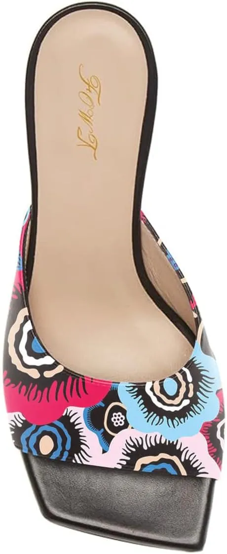 FOWT Summer Classic Square Open Toe Slip on Pumps Black Heeled Mules for Women Chic Flared Kitten Heel Slides Slippers Comfort Daily Dress Walking Shoes, US Size 4-16 M