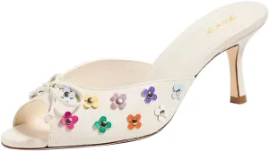 FOWT Women Peep Toe Bow Mules Slip on Kitten Mid Heel Slippers Flower Studs Fashion Sandal Shoes Size 4-16 US