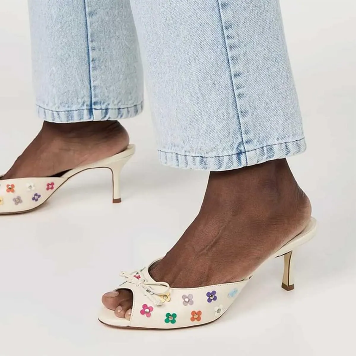 FOWT Women Peep Toe Bow Mules Slip on Kitten Mid Heel Slippers Flower Studs Fashion Sandal Shoes Size 4-16 US