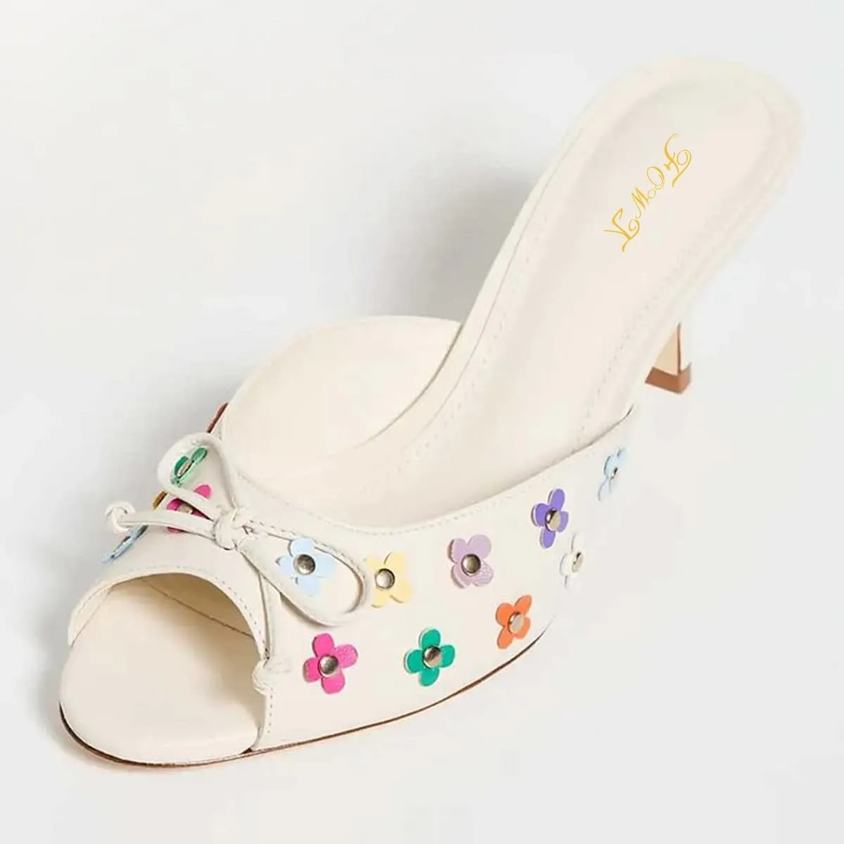 FOWT Women Peep Toe Bow Mules Slip on Kitten Mid Heel Slippers Flower Studs Fashion Sandal Shoes Size 4-16 US