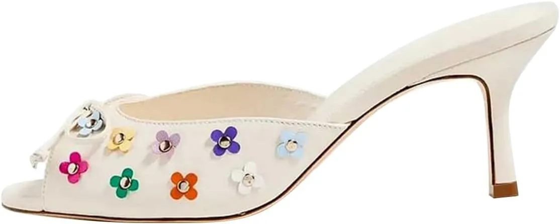 FOWT Women Peep Toe Bow Mules Slip on Kitten Mid Heel Slippers Flower Studs Fashion Sandal Shoes Size 4-16 US