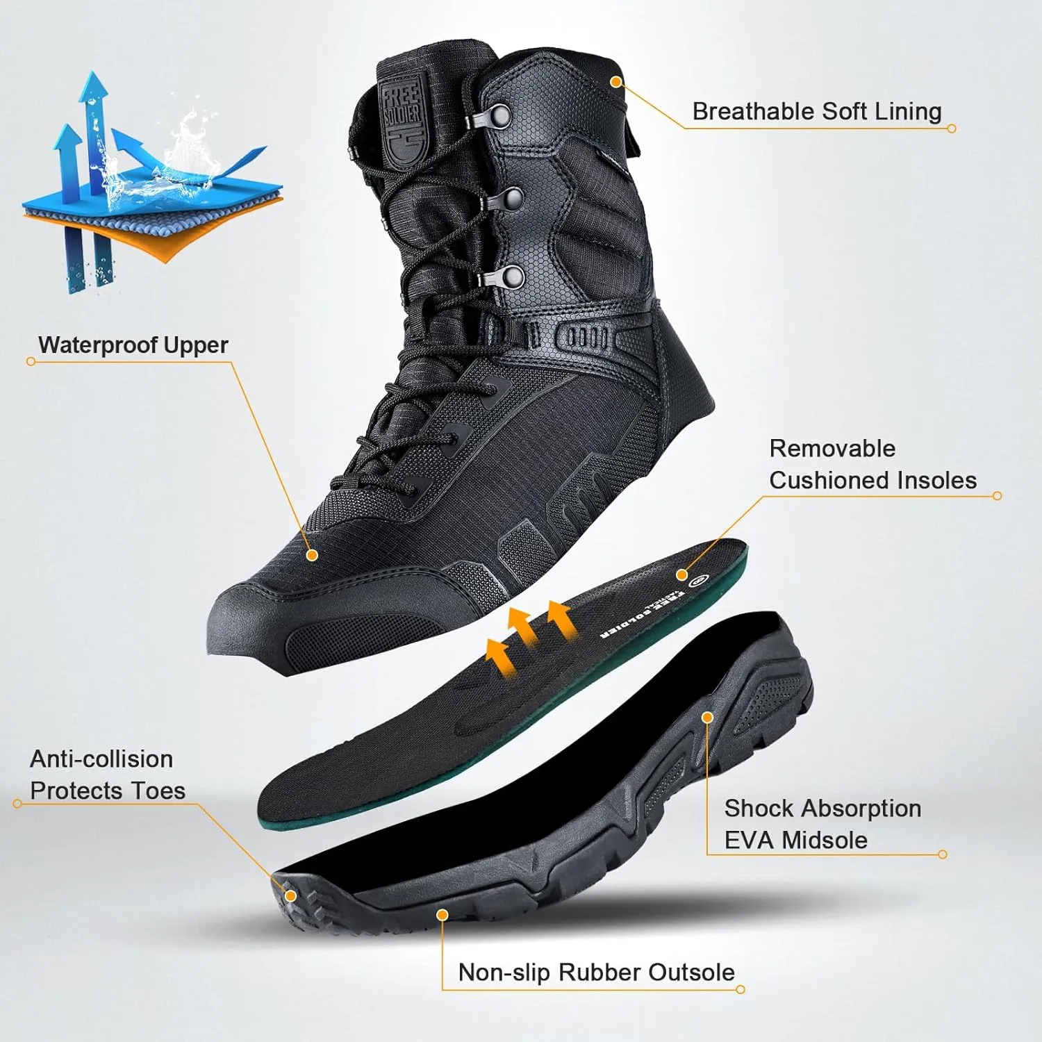 FREE SOLDIER Men's Military Tactical Boots Waterproof Hiking Work Boots Durable Combat Boots