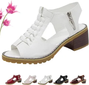 Funfany Peep Toe Cutout Zipper Chunky Heeled Sandals, Womens Comfy Orthotic Sandals, Thick Sole Wedge